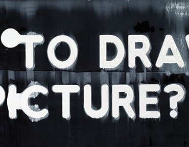 Detail of a long horizontal painting of white letters on a black background. The letters spell out the sentence, do I have to hraw you a picture?