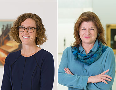 Portraits of Sarah Minnaert and Catherine Evans standing in a gallery.