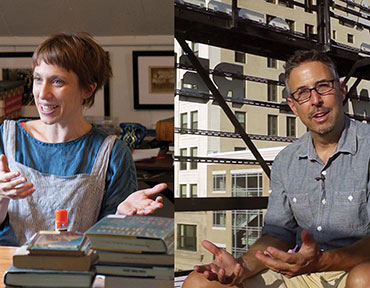 Photos of 2 artists. One is sitting at her desk, the other is sitting on the scaffolding of a billboard.