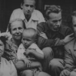 A black and white photo of the Warhola family in 1945