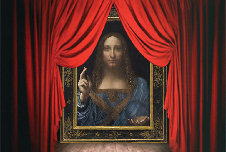 The Salvador Mundi painint on stage draped with a red curtain.