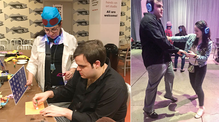 Mathew Rice making art and dancing with a friend at a silent disco event.