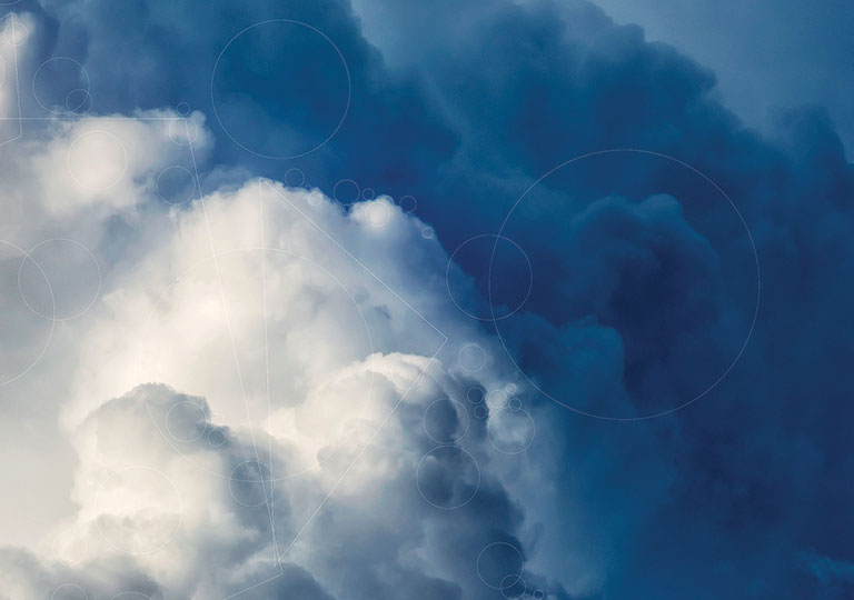 Clouds with digital geometric shapes superimposed onto them