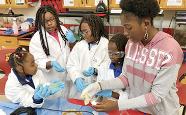 A group of young girls working in a lab.