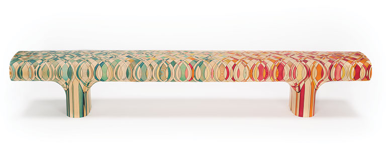 A long, low colorful bench