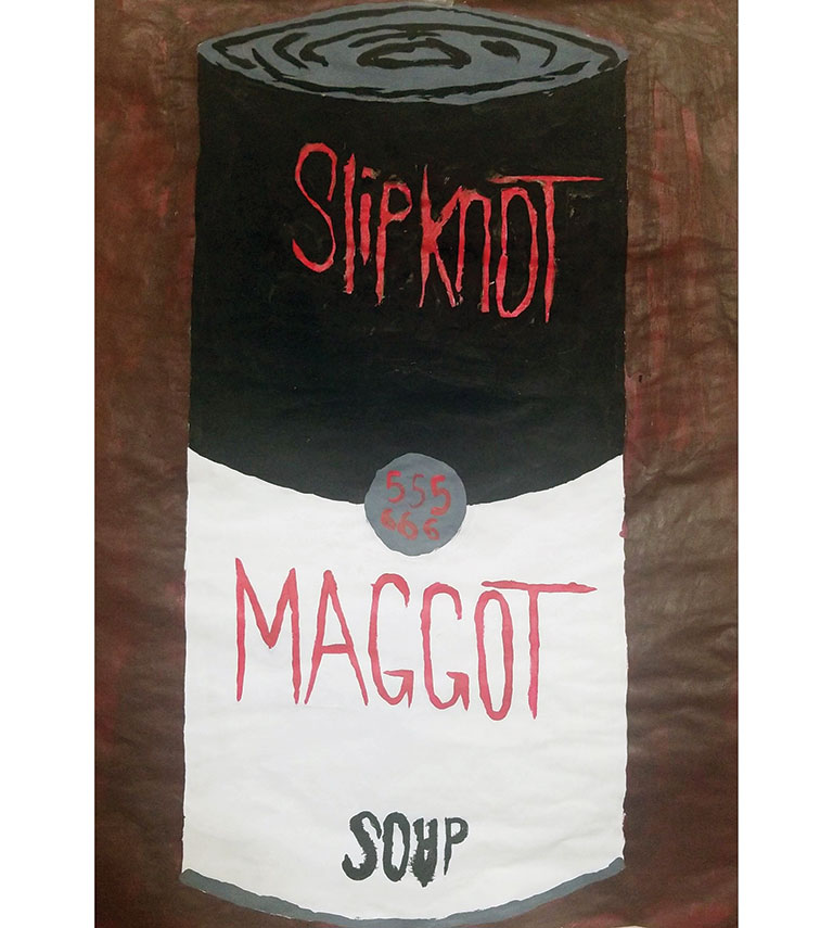 a painting of a soupcna with the words skip knot and maggot on it