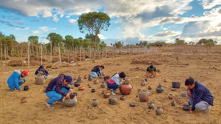 a group of people working in a field