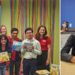 A group of students holding books and another student being instructed bey a teacher.