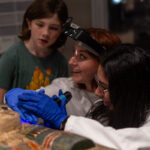 Two museum conservators working on a colorful egyptian sarcophagus, with a young girl standing near them watching.