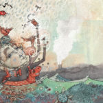 An illustration of a man in the ocean in a life preserver holding up and balancing things from nature