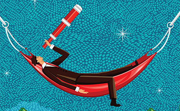 AN illustration of a man laying in a hammock looking through a telescope at the moon.