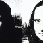Andy Warhol's version of Mona Lisa. Two black and white images side by side.