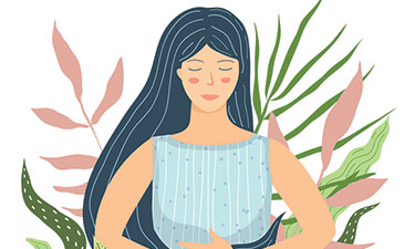 An illustration of a women sitting peacefully among plants