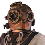 The shoulders and helmet of a diver suite