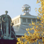 A view of a sphere on the roof of Carnegie Museum