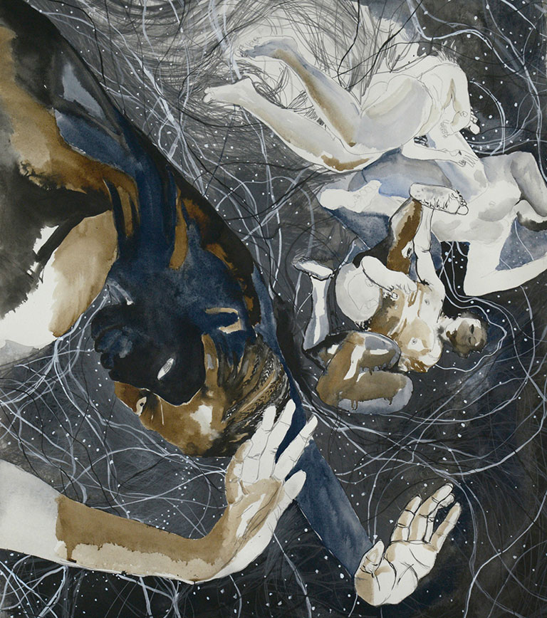 S painting showing human figures falling in space
