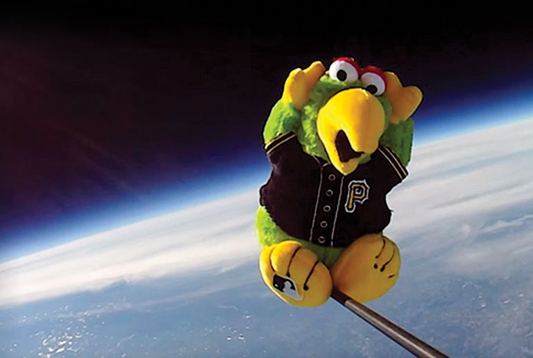 A stuffed toy of the Pirate Parrot in the stratosphere