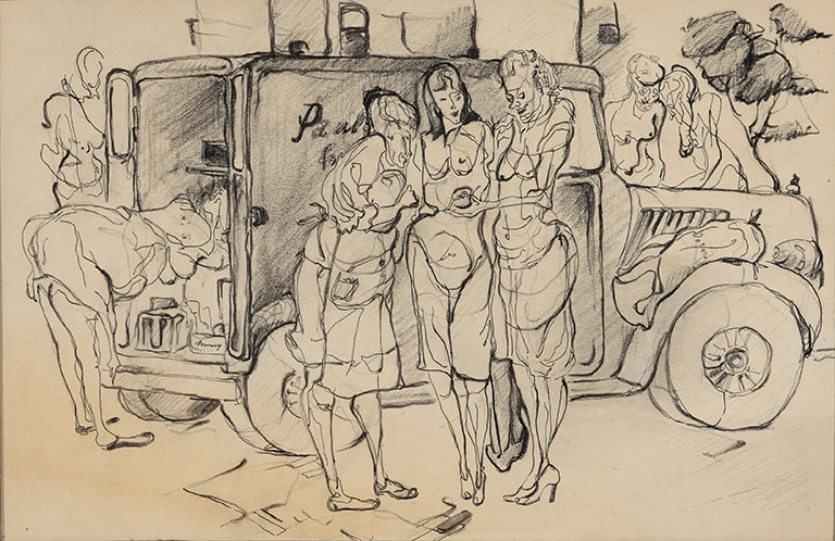 AN early sketch by Warhol of women at a produce truck.