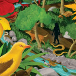 An illustration of a human figure walking through nature
