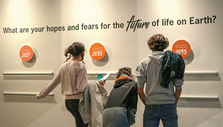 A group of teens looking at an exhibit about nature