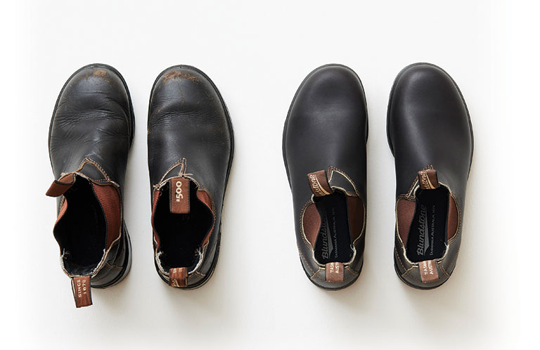 Two pairs of identical shoes worn and unworn.