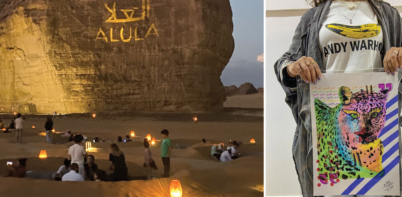 An outdoor scene from an exhibition with Alula projected on to a large rock formation and a young girl holding her artwork