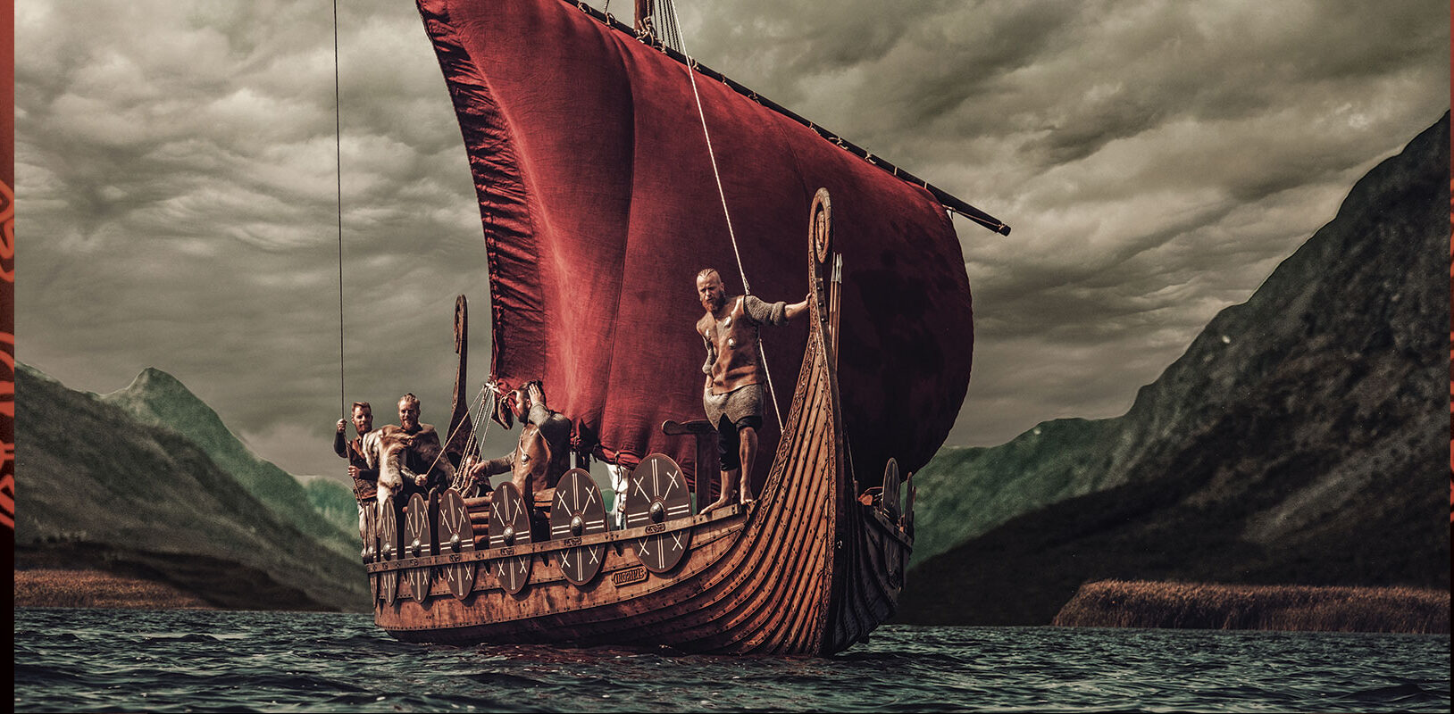 Illustration of a viking ship with viking warriors aboard