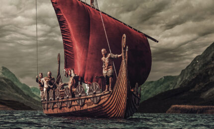 Illustration of a viking ship with viking warriors aboard