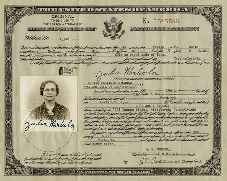 Julia Warhola's naturalization certificate.