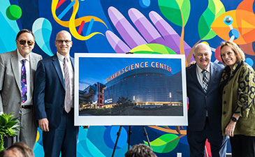 Donors and museum staff standing next to an easel with a large photo of a Science center.