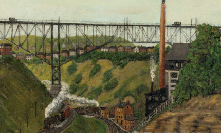 Painting of a valley with train tracks running beneath a bridge, there are houses on the hillsides and a boiler plant with a smoke stack on one side