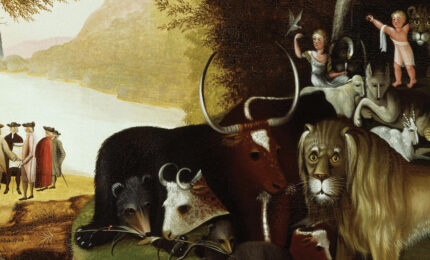A detail of a painting depicting people and animals