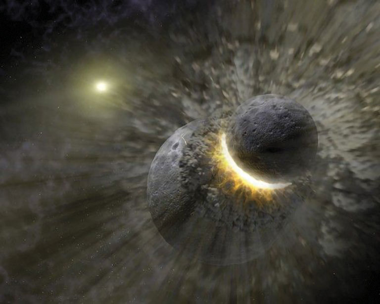 Two celestial bodies collide in space, creating an explosion of light and debris, with a distant star glowing in the background.