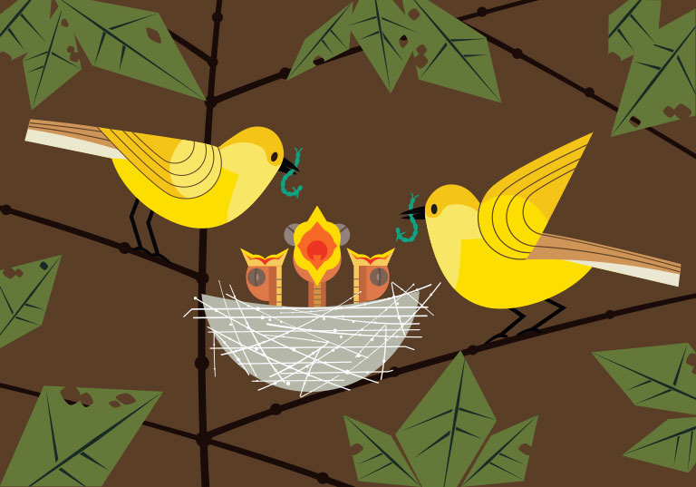 An illustration of 2 birds feeding their young in a nest.