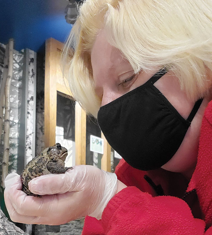 A woman wearing a mask holding a toad.