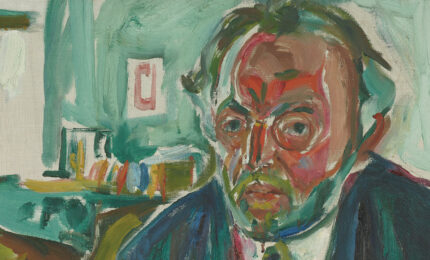 Painting of a man's face using broad brush strokes.
