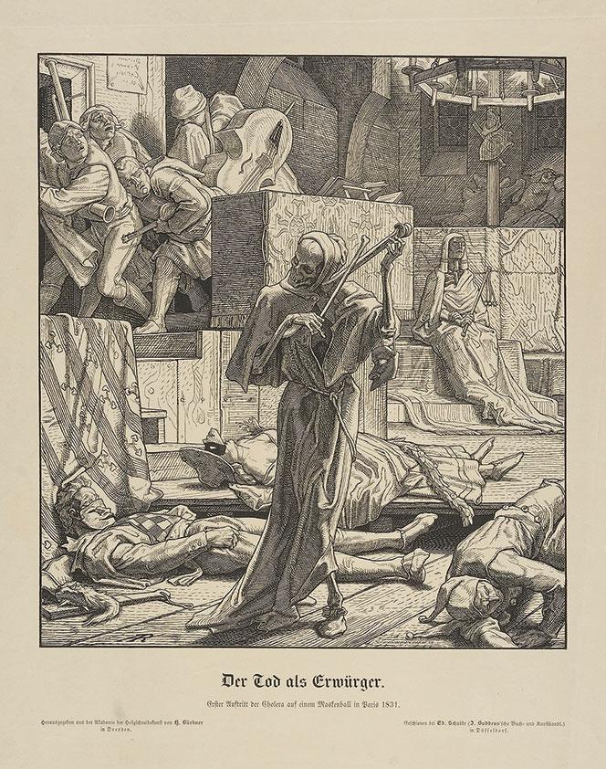 Very old print of skeletal figure playing the violin with bodies laying around it.