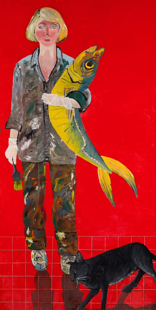 A painting of a woman on a bright red background. SHe is holding a fish and a cat is at her feet.