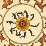 A circle shape with figures of horse riders.