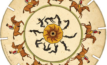 A circle shape with figures of horse riders.