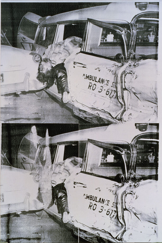 Two photos of an accident involving a ambulance. There is a human body hanging from the window of the vehicle.