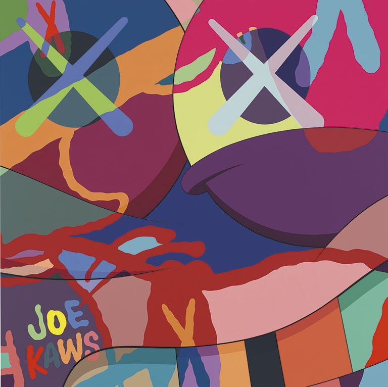 A colorful painting with the words Joe Kaws in the bottom left corner.