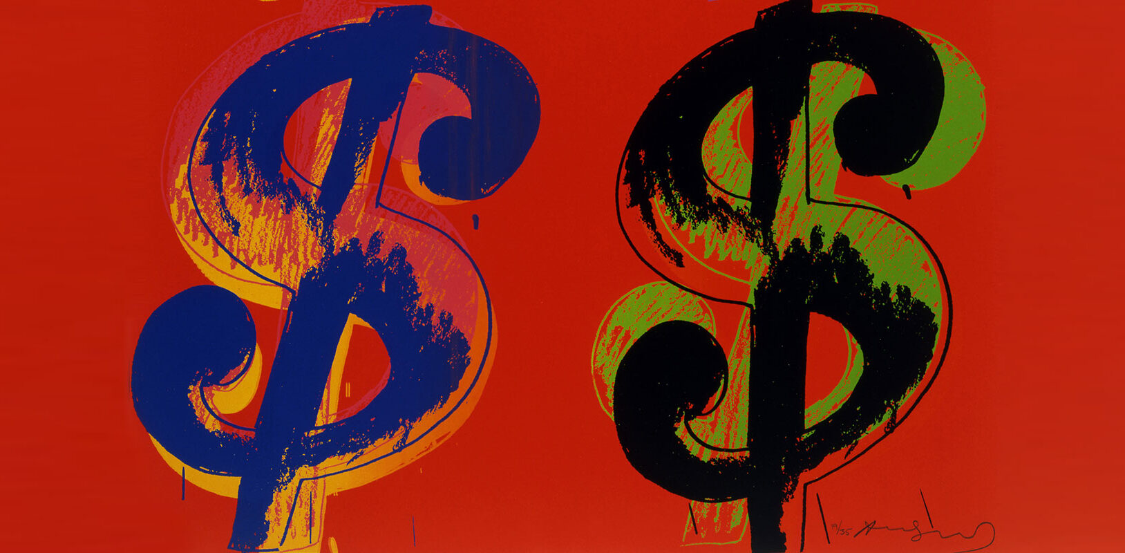 Colorful dollar signs on a red background.
