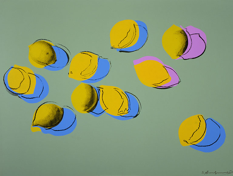 Colorful stylized lemons with blue and pink accents scattered on a light green background, showcasing a modern pop art design.