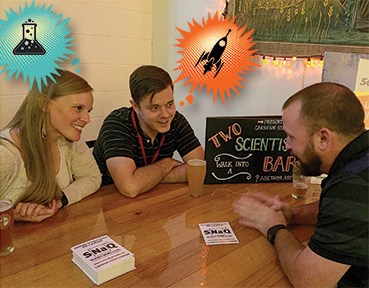 Two scientists talking to a man. THe scientists have cartoon thought bubbles above their heads depicting a rocket ship and a beaker.