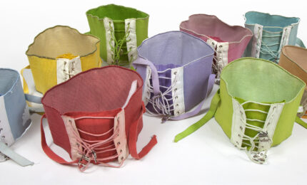 A grouping of very colorful girdles.