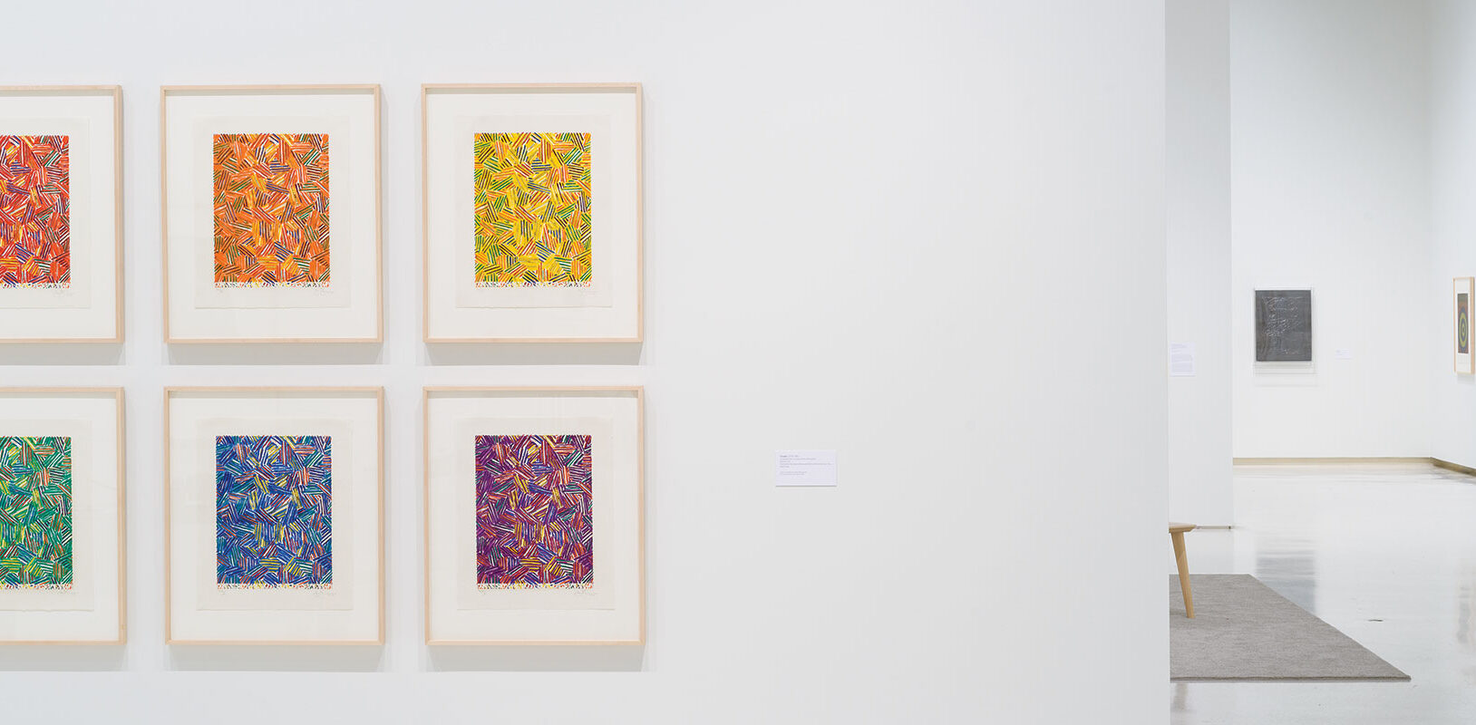 Installation view of an art exhibit with 6 colorful artworks hanging in rows.