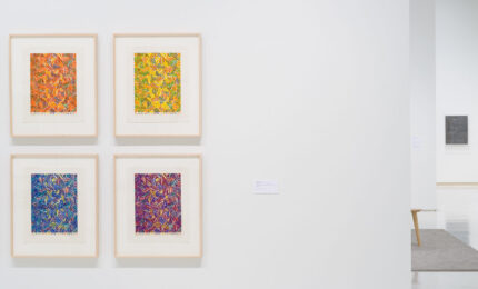 Installation view of an art exhibit with 6 colorful artworks hanging in rows.