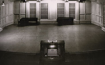 An early view of the Carnegie Music Hall stage featuring the pipe organ.