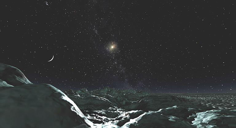 The surface of Pluto, showing a dark desolate landscape.